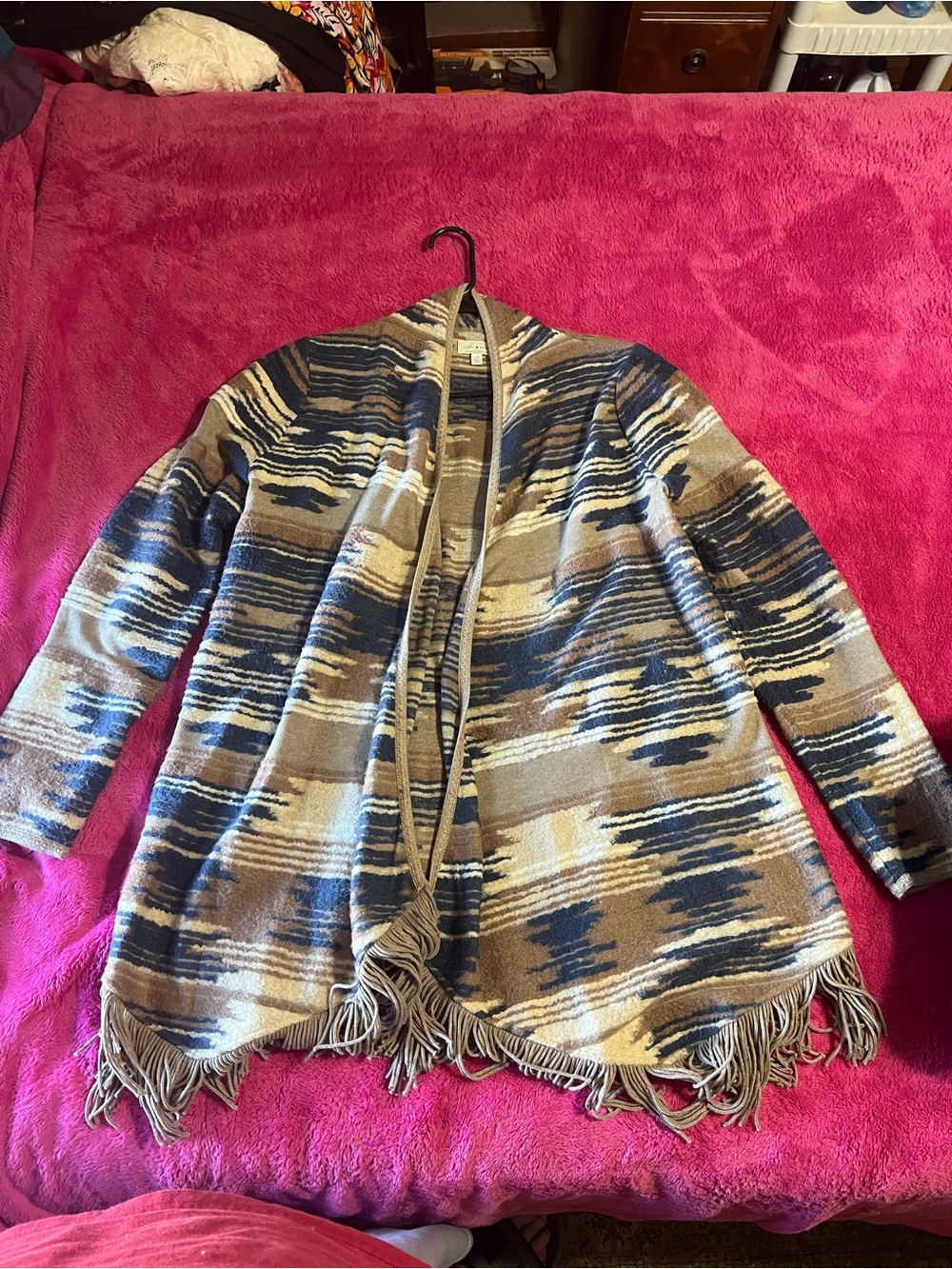 Lucky Brand Navy and Tan Striped Knit Cardigan